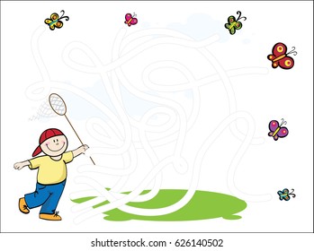 labyrinth boy with butterfly net catching butterflies, vector illustration