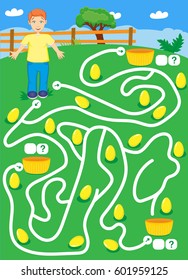labyrinth with boy and gold eggs. find way where more eggs(count and write). cartoon vector with editable layers. easter maze