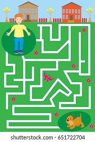 labyrinth with boy and puppy. pet maze. help the boy find his dog. vector illustration. editable layers