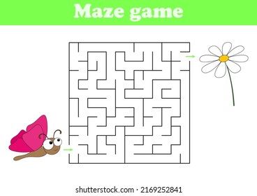 Labyrinth with butterfly and flower.  Vector round maze. Children colorful puzzle. Find right way.