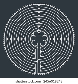 Labyrinth Cathedral of Chartres Illustration Vector - Symbolism Meditation History - Floral Motif - Sacred Geometry - Black and White