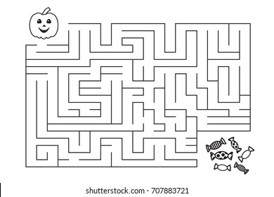 Labyrinth for children. Halloween pumpkin and candies.Entry and exit. Coloring page. Vector illustration. Isolated on white background. 