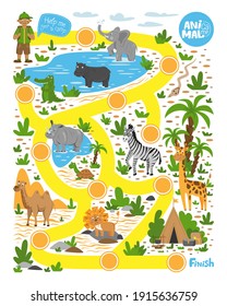 Labyrinth for children. Help the tourist find the way to the camp. Meet the animals of Africa. Educational game for children. Wild animals