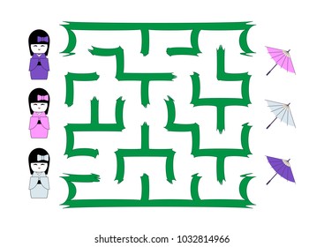 Labyrinth for children. Japanese Kokeshi doll and umbrella on a white background. Help the girl find the way to the umbrella of the right color in the maze. Vector flat illustration