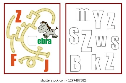 Labyrinth for children. Learn the letters. Assignments for preschoolers. Tasks for children. Alphabet. Workbook. Vector illustration. Puzzles for kids. Little animals cartoons characters.