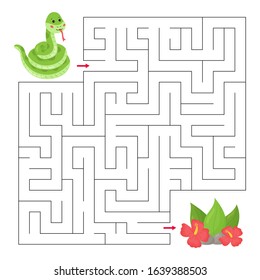 Labyrinth for children. Maze game with cute cartoon snake and tropical plants. Jungle animals. Educational worksheet.