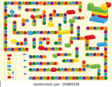 labyrinth.  children plastic bricks toy and balls. find way as shown in plan. vector isolated on a simple background (editable layers)