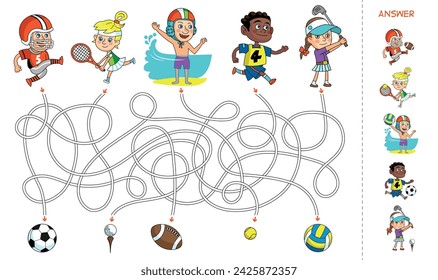 Labyrinth for children. Children play different sports. Educational game. Attention task. Choose the right path and find out what kind of sport children are involved in. Funny cartoon character. 