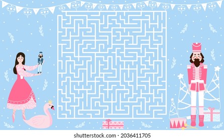 Labyrinth for christmas activity book for kids with ballerina and nutcracker on blue background, printable worksheet