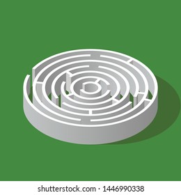 Labyrinth circle isometric game and maze fun puzzle isolated on green background. Puzzle riddle round logic game isometric concept. Vector illustration