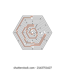 Labyrinth with clue mental educational game template in hexagon. Vector tangled way, right choice in red key. Rebus maze game, hexagon labyrinth challenge thin line riddle, puzzle to find out entrance