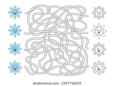 página de laberinto y coloreo para niños. Curioso y gracioso de copos de nieve. Juegos de vacaciones de invierno. Ilustración del vector

