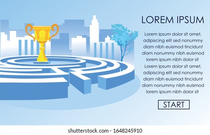 Labyrinth, Complicated Task to Solve, Network of Paths, Difficult to Find Way, with Golden Champion Cup in Its Center for Winner, Against Background with Business Quarter and Copy Space for Your Text