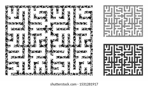 Labyrinth composition of abrupt parts in variable sizes and color hues, based on labyrinth icon. Vector humpy parts are grouped into composition. Labyrinth icons collage with dotted pattern.