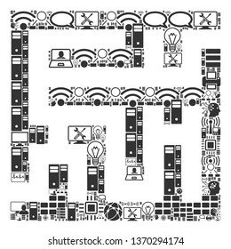 Labyrinth composition icon organized for bigdata and computing illustrations. Vector labyrinth mosaics are composed from computer, calculator, connections, wi-fi, network,