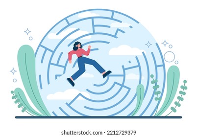 Labyrinth concept. Difficult decision-making idea. Character breaks the rules and lead the way through the labyrinth, erasing or breaking the borders. Flat vector illustration