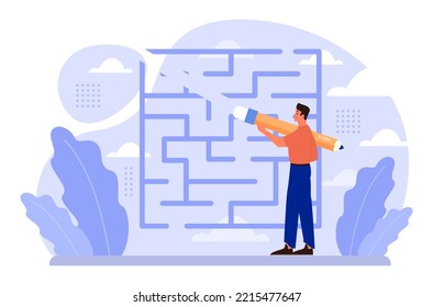 Labyrinth concept. Difficult decision-making idea. Character breaks the rules and lead the way through the labyrinth, erasing or breaking the borders. Flat vector illustration