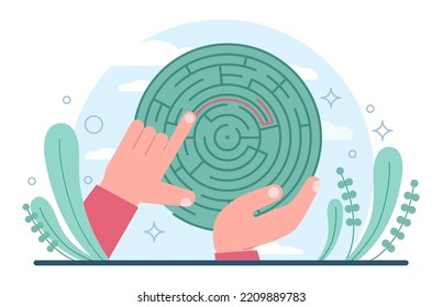 Labyrinth Concept. Hard Choice Or Confusion Idea. Difficult Decision-making, Success Or Failure. Character Cant Find A Way, Trying To Find An Exit. Flat Vector Illustration