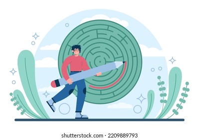 Labyrinth Concept. Hard Choice Or Confusion Idea. Difficult Decision-making, Success Or Failure. Character Cant Find A Way, Trying To Find An Exit. Flat Vector Illustration