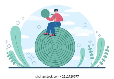 Labyrinth Concept. Hard Choice Or Confusion Idea. Difficult Decision-making, Success Or Failure. Character Cant Find A Way, Trying To Find An Exit. Flat Vector Illustration