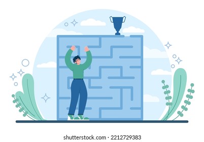 Labyrinth Concept. Hard Choice Or Confusion Idea. Difficult Decision-making, Success Or Failure. Character Cant Find A Way, Trying To Find An Exit. Flat Vector Illustration