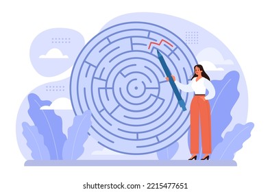 Labyrinth Concept. Hard Choice Or Confusion Idea. Difficult Decision-making, Success Or Failure. Character Cant Find A Way, Trying To Find An Exit. Flat Vector Illustration