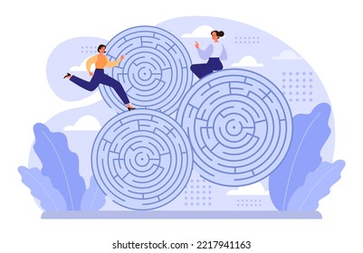 Labyrinth Concept. Hard Choice Or Confusion Idea. Difficult Decision-making, Success Or Failure. Character Cant Find A Way, Trying To Find An Exit. Flat Vector Illustration