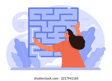 Labyrinth Concept. Hard Choice Or Confusion Idea. Difficult Decision-making, Success Or Failure. Character Cant Find A Way, Trying To Find An Exit. Flat Vector Illustration