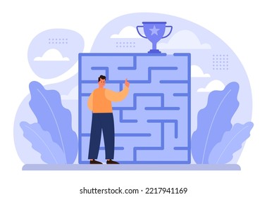 Labyrinth Concept. Hard Choice Or Confusion Idea. Difficult Decision-making, Success Or Failure. Character Cant Find A Way, Trying To Find An Exit. Flat Vector Illustration