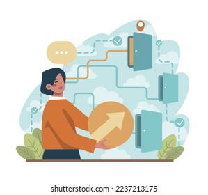 Labyrinth concept. Hard choice or confusion idea. Difficult decision-making, success or failure. Character cant find a way, trying to choose one. Flat vector illustration