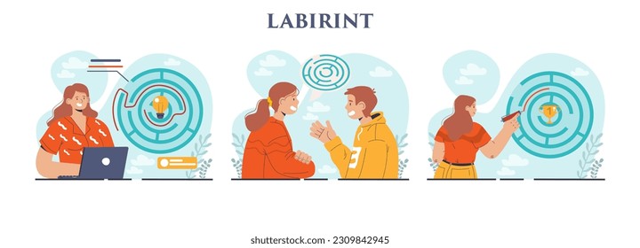 Labyrinth concept set. Decision-making or problem solving. Character trying to find a way. New direction or opportunity development. Flat vector illustration