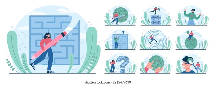 Labyrinth Concept Set. Hard Choice Or Confusion Idea. Difficult Decision-making, Success Or Failure. Character Cant Find A Way, Trying To Find An Exit. Flat Vector Illustration