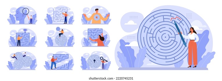 Labyrinth concept set. Hard choice or confusion idea. Difficult decision-making, success or failure. Character cant find a way, trying to find an exit. Flat vector illustration