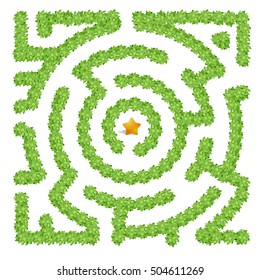 A labyrinth consisting of green bushes on a white background, top view. Maze made from leaves