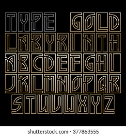 Labyrinth. Decorative chopped sans serif font. Letters stylized maze. Golden outline letters on a black background. Art Deco style.