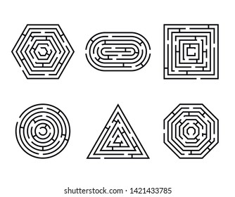 Labyrinth different shapes game and maze fun puzzle set isolated on white background. Maze square, round, hexagon, oval and triangle puzzle riddle logic game concept. Vector illustration