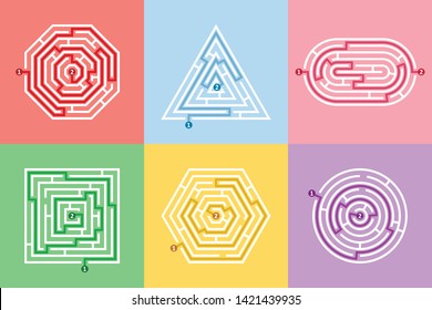 Laberinto de diferentes formas juego y laberinto juego de puzzles. Maze cuadrado, redondo, hexágono, ovalado y triángulo del concepto de juego lógico del acertijo rebus. Ilustración del vector