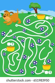 labyrinth with dog and balls. find way where more balls(count and write). cartoon vector with editable layers. summer sport maze