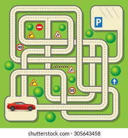 Labyrinth education game for children with car. Vector illustration