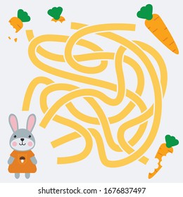  Labyrinth, educational game for children.  Vector illustrations for children books. Vector cartoon Bunny and carrot, help the rabbit to find a way.