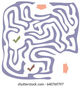 Labyrinth with an entrance and an exit and two marks.