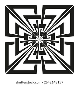 Labyrinth explosion shape. Optical tunnel pattern. Sharp arrow maze. Vector abstract form.