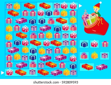 labyrinth. find the right way (marked in the picture). move only gifts marked with light squares. vector isolated on a simple background (editable layers)