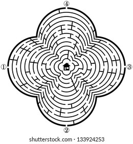 Labyrinth with four entries and only one correct way - vector illustration. Easy editable colors.