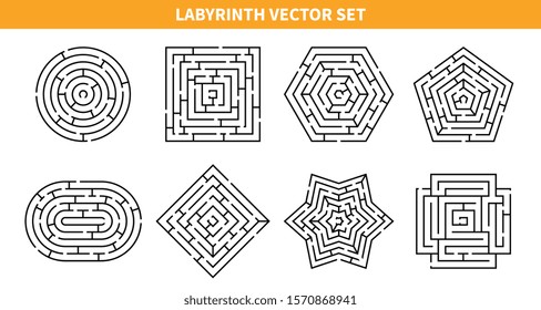 Labyrinth game black set with eight isolated maze schemes of various shape on blank background vector illustration