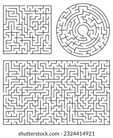 Labyrinth game black set with eight isolated maze schemes of various shape on blank background vector illustration