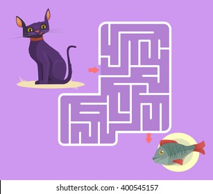 Labyrinth game for children with cat. Vector cartoon illustration