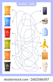 Labyrinth game for children, finding the right container for different types of waste. Sorting garbage, recycling waste. Connect waste and trash can. Eco-friendly education.