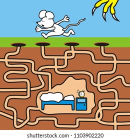 Labyrinth, game for children, funny vector illustration, the mouse is looking for the right path to the burrow