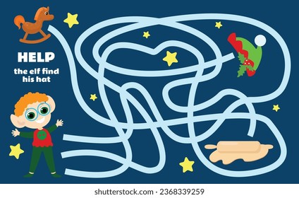 Labyrinth game for children Help the elf find his hat. A Christmas game with a cute character. Worksheet for kindergartens and schools.
